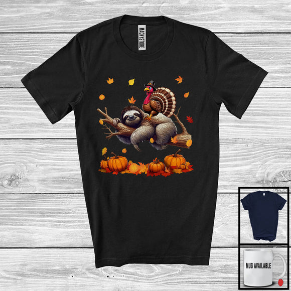 MacnyStore - Turkey Riding Sloth, Lovely Thanksgiving Fall Leaves Pumpkins Sloth, Wild Animal Lover T-Shirt