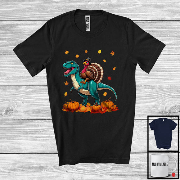 MacnyStore - Turkey Riding T-Rex, Lovely Thanksgiving Fall Leaves Pumpkins T-Rex, Matching Dinosaur Lover T-Shirt