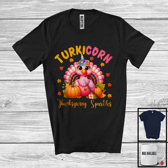 MacnyStore - Turkicorn Thanksgiving Sparkles; Awesome Thanksgiving Turkey Unicorn; Girls Flowers Pumpkin T-Shirt