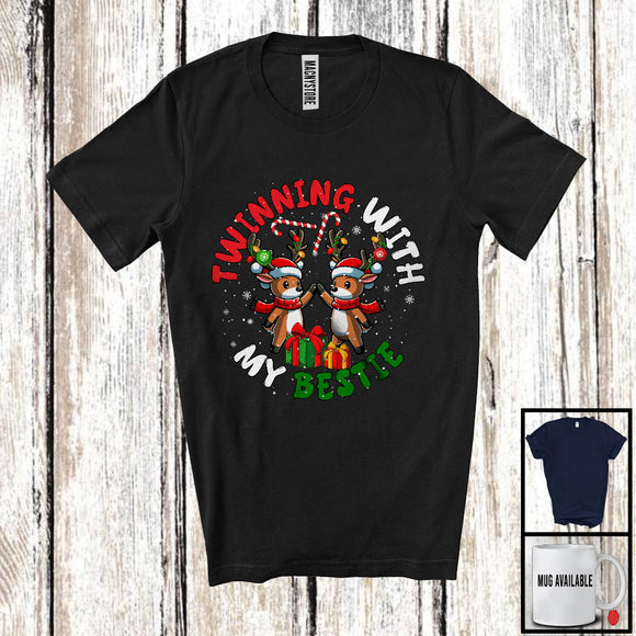 MacnyStore - Twinning With My Bestie; Humorous Christmas Costume Twin Reindeer; Friends Family Group T-Shirt