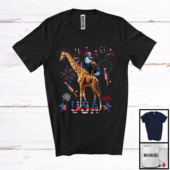 MacnyStore - USA, Awesome 4th Of July Eagle Riding Giraffe, American Flag Fireworks Eagle Animal Lover T-Shirt