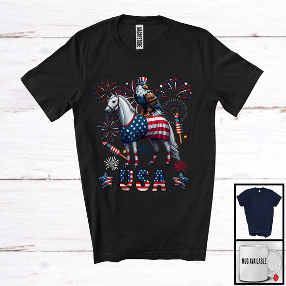 MacnyStore - USA, Awesome 4th Of July Eagle Riding Horse, American Flag Fireworks Eagle Animal Lover T-Shirt