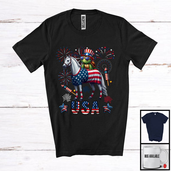 MacnyStore - USA, Awesome 4th Of July Turtle Riding Horse, American Flag Fireworks Turtle Animal Lover T-Shirt