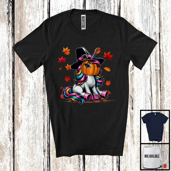 MacnyStore - Unicorn With Pumpkin Face; Awesome Thanksgiving Fall Leaves Unicorn; Autumn Pumpkin T-Shirt