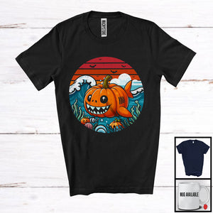 MacnyStore - Vintage Retro Carved Pumpkin Shark; Lovely Halloween Summer Shark; Sea Animal Lover T-Shirt