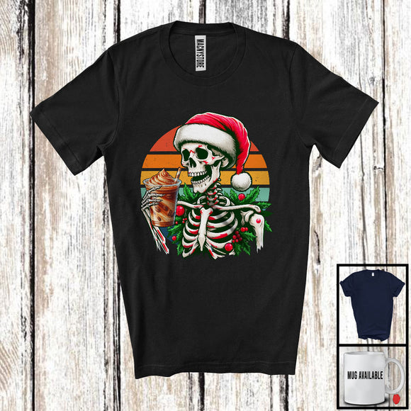 MacnyStore - Vintage Retro Santa Skeleton With Coffee; Sarcastic Christmas X-mas Drinking; Coffee Lover T-Shirt