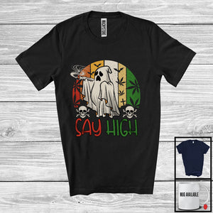 MacnyStore - Vintage Retro Say High; Humorous Halloween Boo Ghost 420 Smoker Stoner; Family Group T-Shirt