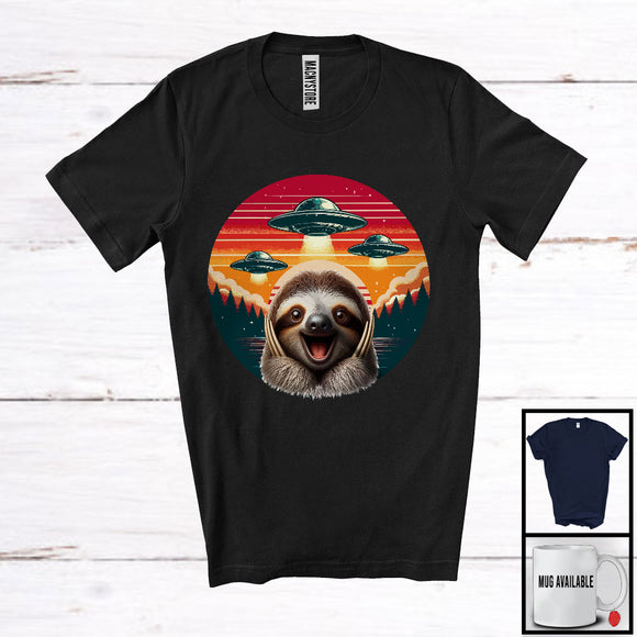 MacnyStore - Vintage Retro Sloth UFOs; Adorable Animal Lover UFO Aliens; Matching Family Group T-Shirt
