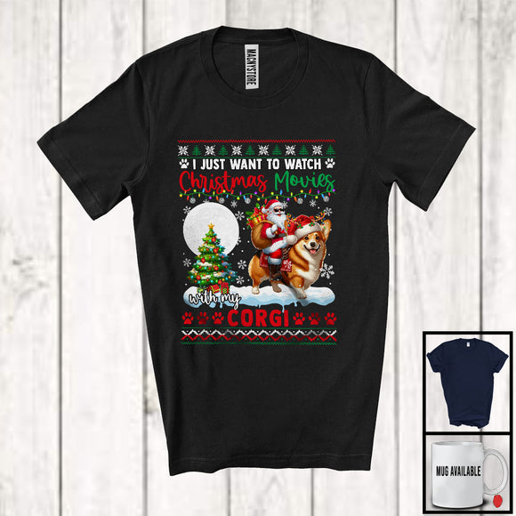 MacnyStore - Want To Watch Christmas Movies With My Corgi; Adorable Sweater Santa Riding Puppy T-Shirt