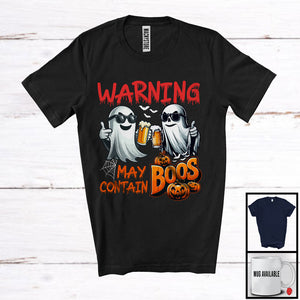 MacnyStore - Warning May Contain Boos, Scary Halloween Costume Boo Ghost Drinking Beer, Drunker Group T-Shirt