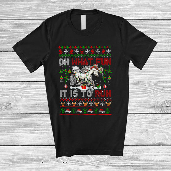 MacnyStore - What Fun It Is To Run; Fantastic Christmas Sweater Santa Horse; X-mas Lights Running Runner T-Shirt