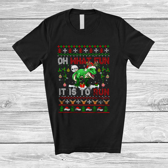 MacnyStore - What Fun It Is To Run; Fantastic Christmas Sweater Santa T-Rex; X-mas Lights Running Runner T-Shirt