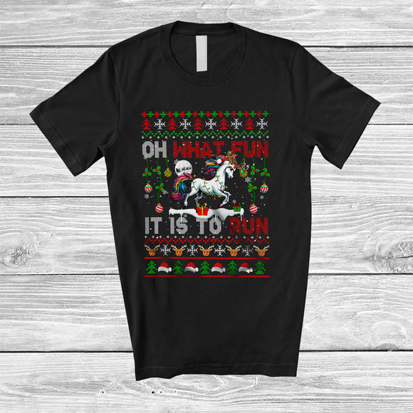 MacnyStore - What Fun It Is To Run; Fantastic Christmas Sweater Santa Unicorn; X-mas Lights Running Runner T-Shirt