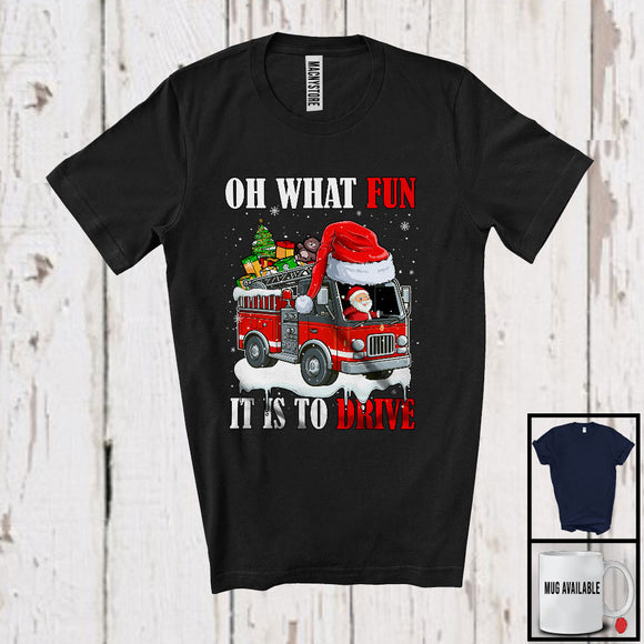 MacnyStore - What Fun To Drive; Joyful Christmas Moon Santa Fire Truck Driver; X-mas Family Group T-Shirt