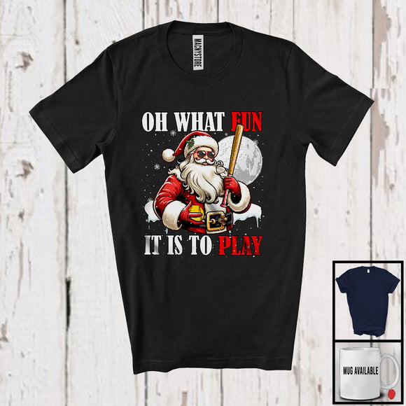 MacnyStore - What Fun To Play; Joyful Christmas Moon Santa Softball Player Playing; X-mas Sport Team T-Shirt