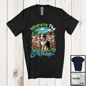 MacnyStore - Where're The Sheep, Adorable Border Collie With Sheep, Matching Farm Farmer Group T-Shirt