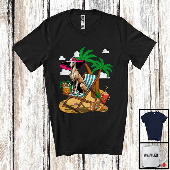 MacnyStore - Whippet On Beach, Adorable Summer Vacation Palm Tree, Travel Trip Family Group T-Shirt