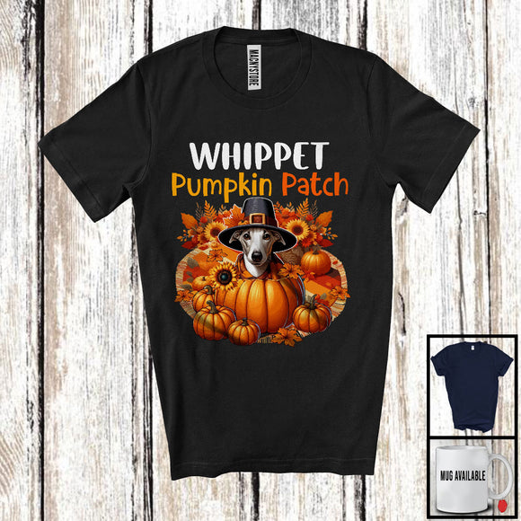 MacnyStore - Whippet Pumpkin Patch; Lovely Thanksgiving Whippet In Pumpkin; Fall Leaves Flowers T-Shirt