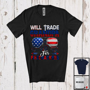 MacnyStore - Will Trade Grandpa For Firecrackers, Cheerful 4th Of July American Flag Sunglasses, Patriotic Family T-Shirt