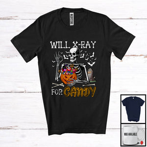 MacnyStore - Will X-Ray For Candy; Humorous Halloween Skeleton With Pumpkin Candy; Radiology Family T-Shirt