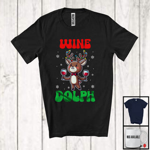 MacnyStore - Wine Dolph; Humorous Christmas Lights Reindeer Drinking Wine; Snowing Drunker T-Shirt