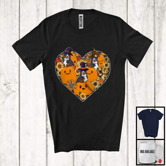 MacnyStore - Witch Bernese Mountain Heart Sunflowers; Amazing Halloween Thanksgiving Fall Leaves T-Shirt