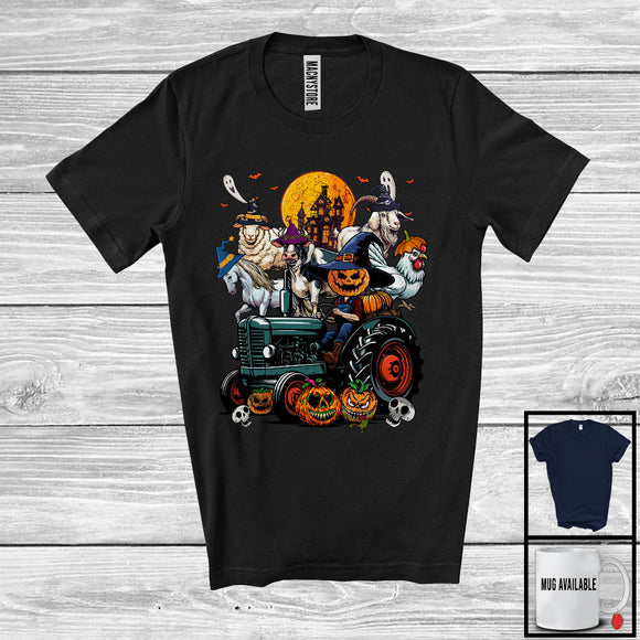 MacnyStore - Witch Cow Horse Sheep On Tractor, Horror Halloween Farm Animals Farmer, Driving Tractor T-Shirt