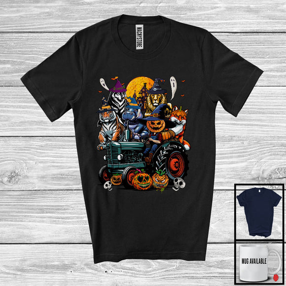 MacnyStore - Witch Lion Tiger Hippo On Tractor, Horror Halloween Wild Animals, Driving Tractor Driver T-Shirt