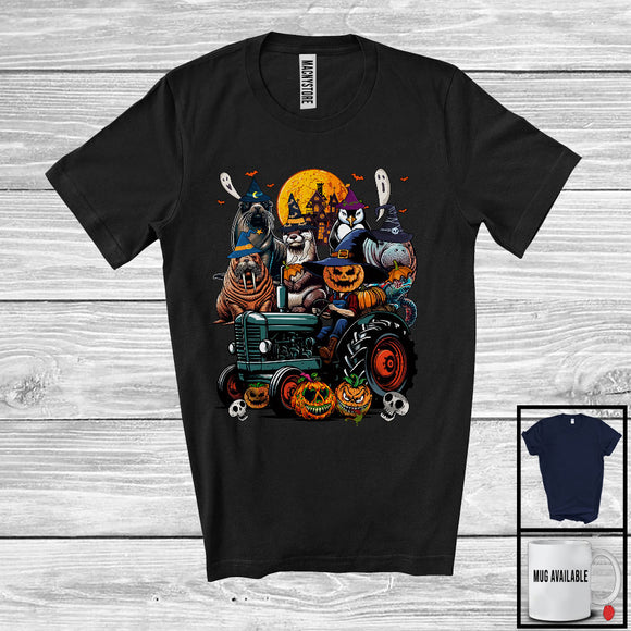 MacnyStore - Witch Manatee Otter Penguin On Tractor, Horror Halloween Sea Animals, Driving Tractor Driver T-Shirt