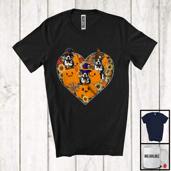 MacnyStore - Witch Pit Bull Heart Sunflowers; Amazing Halloween Thanksgiving Fall Leaves T-Shirt