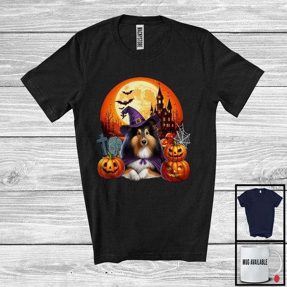 MacnyStore - Witch Shetland Sheepdog With Pumpkins Moon, Happy Halloween Costume, Matching Family Group T-Shirt