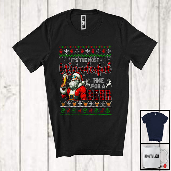 MacnyStore - Wonderful Time For A Beer; Cheerful Christmas Sweater Plaid Santa Drinking Beer; Family T-Shirt