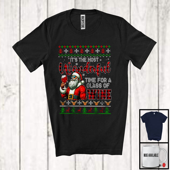 MacnyStore - Wonderful Time For A Glass Of Wine; Cheerful Christmas Sweater Plaid Santa Drinking; Family T-Shirt