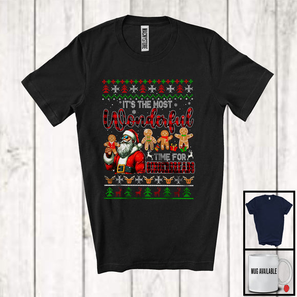 MacnyStore - Wonderful Time For Gingerbreads; Cheerful Christmas Sweater Plaid Santa Gingerbread; Family T-Shirt