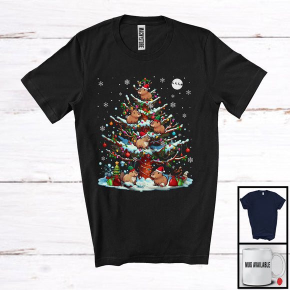 MacnyStore - X-mas Capybara Reindeer Santa Elf On Tree; Amazing Christmas Capybara Snowing; Animal Lover T-Shirt