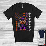 MacnyStore - Yorkshire Terrier Witch On American Flag, Adorable Halloween Pumpkin Paws, Patriotic Group T-Shirt