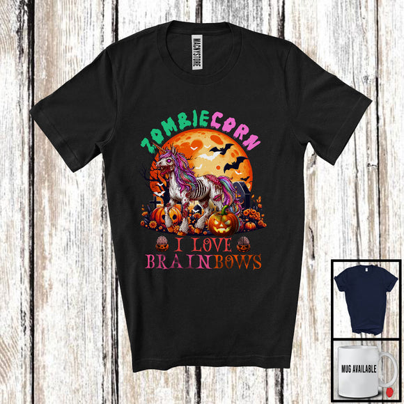 MacnyStore - Zombiecorn I Love Brainbows; Creepy Halloween Moon Zombie Unicorn Pumpkin; Family Group T-Shirt