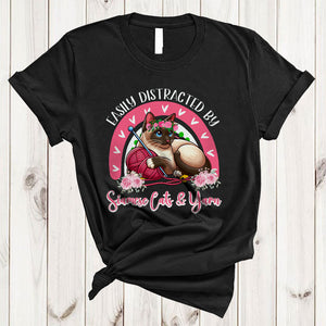 MacnyStore - Easily Distracted By Siamese Cats And Yarn, Adorable Knitting Kitten Owner, Flowers Rainbow T-Shirt