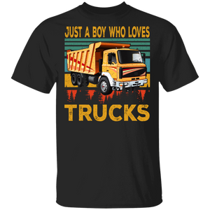 Vintage Retro Just A Boy Who Loves Trucks Funny Trucker Truck Lover Gifts T-Shirt - Macnystore