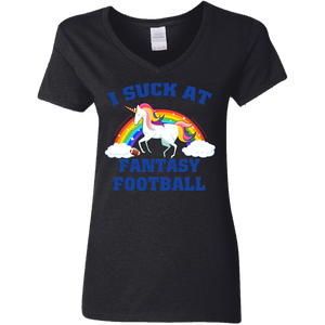 I Suck At Fantasy Football Funny Magical Unicorn Ladies V-Neck T-Shirt - Macnystore