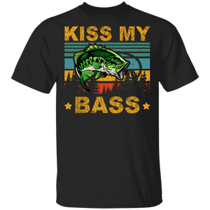 Vintage Retro Kiss My Bass Cool Fish Hunter Shirt Matching Fish Hunting Lover Fans Hunter Fisher Gifts T-Shirt - Macnystore