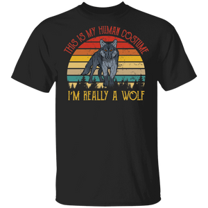 Halloween Wolf Shirt Vintage Retro This Is My Human Costume I'm Really A Wolf Gift Halloween T-Shirt - Macnystore