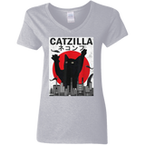 Vintage Catzilla Japanese Sunset Angry Cat Kitten Lover Ladies V-Neck T-Shirt - Macnystore