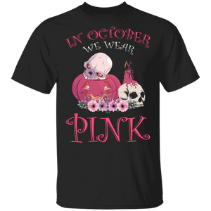 In October We Wear Pink Pumpkin Skull Breast Cancer T-Shirt - Macnystore