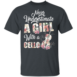 Never Underestimate A Girl With A Cello Funny Cello Player Lover Floral Cello Matching Girl Women Gifts T-Shirt - Macnystore