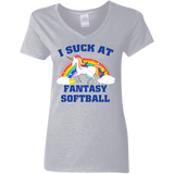 I Suck At Fantasy Softball Funny Magical Unicorn Ladies V-Neck T-Shirt - Macnystore