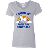 I Suck At Fantasy Football Funny Magical Unicorn Ladies V-Neck T-Shirt - Macnystore