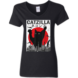 Vintage Catzilla Japanese Sunset Angry Cat Kitten Lover Ladies V-Neck T-Shirt - Macnystore