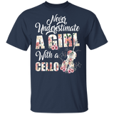 Never Underestimate A Girl With A Cello Funny Cello Player Lover Floral Cello Matching Girl Women Gifts T-Shirt - Macnystore