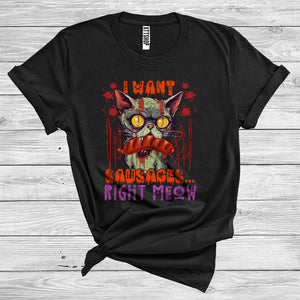 MacnyStore - I Want Sausages Right Now Funny Meow Halloween Costume Zombies Cat Fast Food Lover T-Shirt